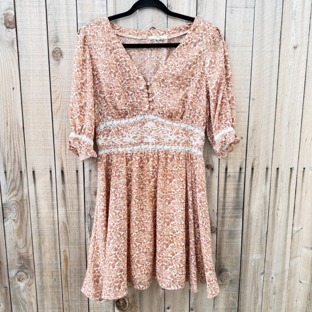 Chelsea & Violet L Floral Lace Trim Mini Dress Cottagecore Boho Prairie V-Neck